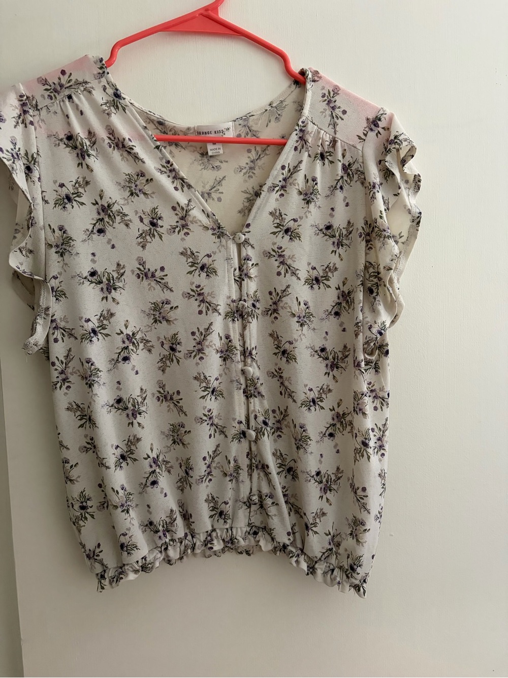 Light Cream Floral V-Neck Ruffle Sleeve Blouse